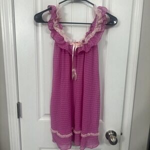 Pink polka dot sheer nightgown with lace trim and ribbon bow. Small